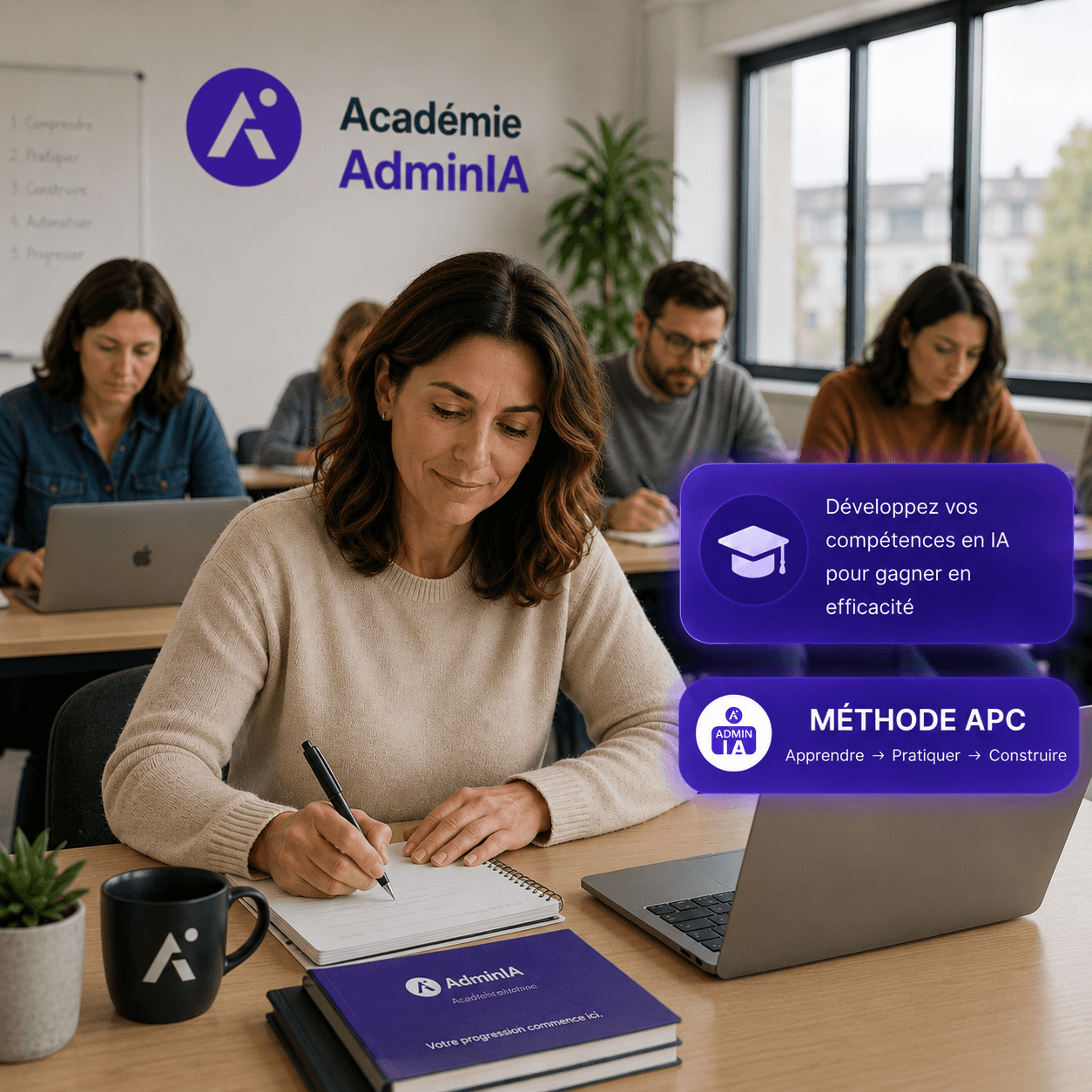 Une assistante administrative suit un atelier pratique à l'académie AdminIA, méthode APC : Apprendre, Pratiquer, Construire